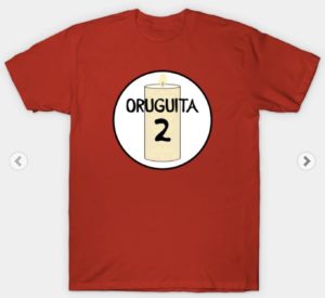 Half of a set of Oruguita 1 and Oruguita 2 shirts (in Thing 1 / Thing 2 stye)